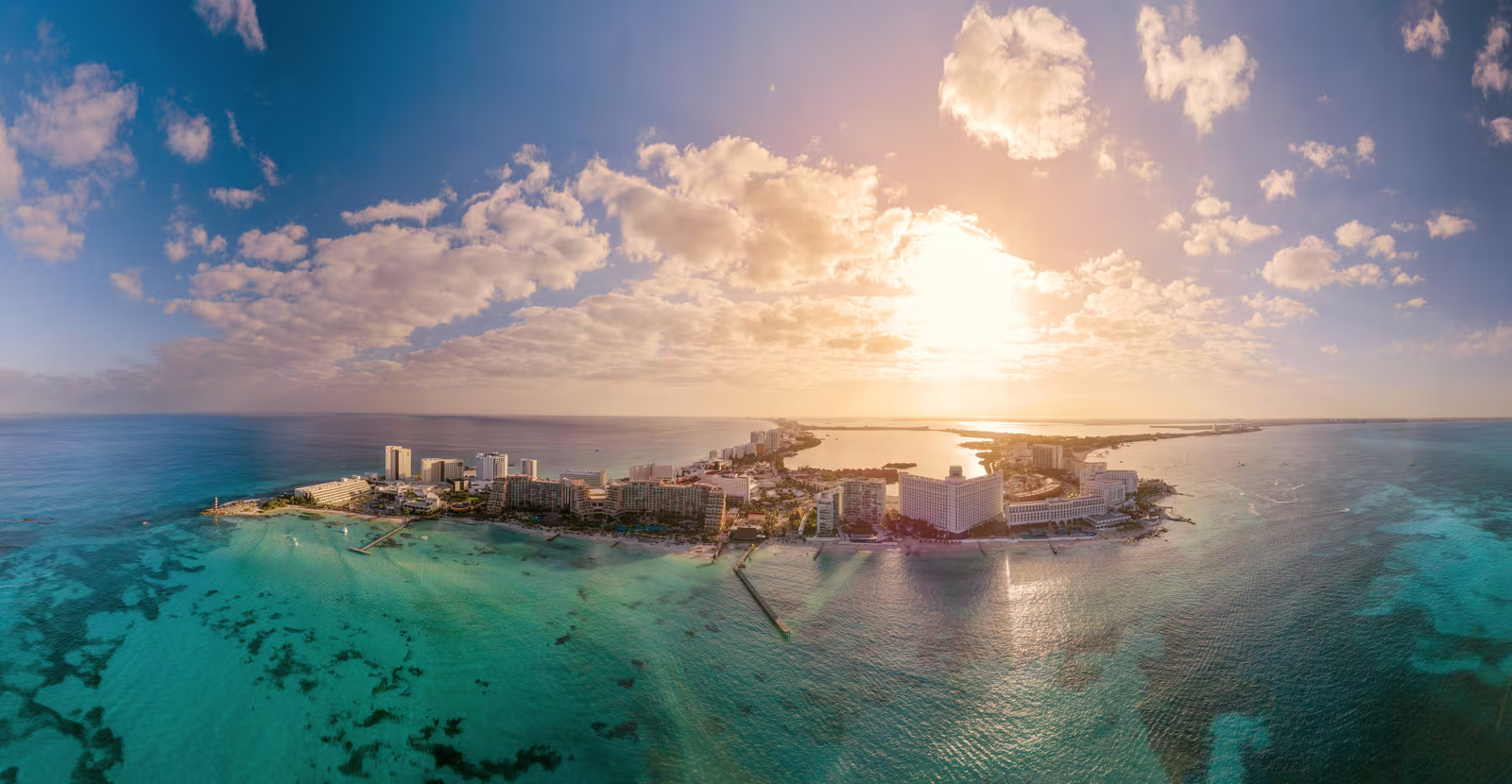 Aerial view of the Cancún hotel zone between the lagoon and the Caribbean